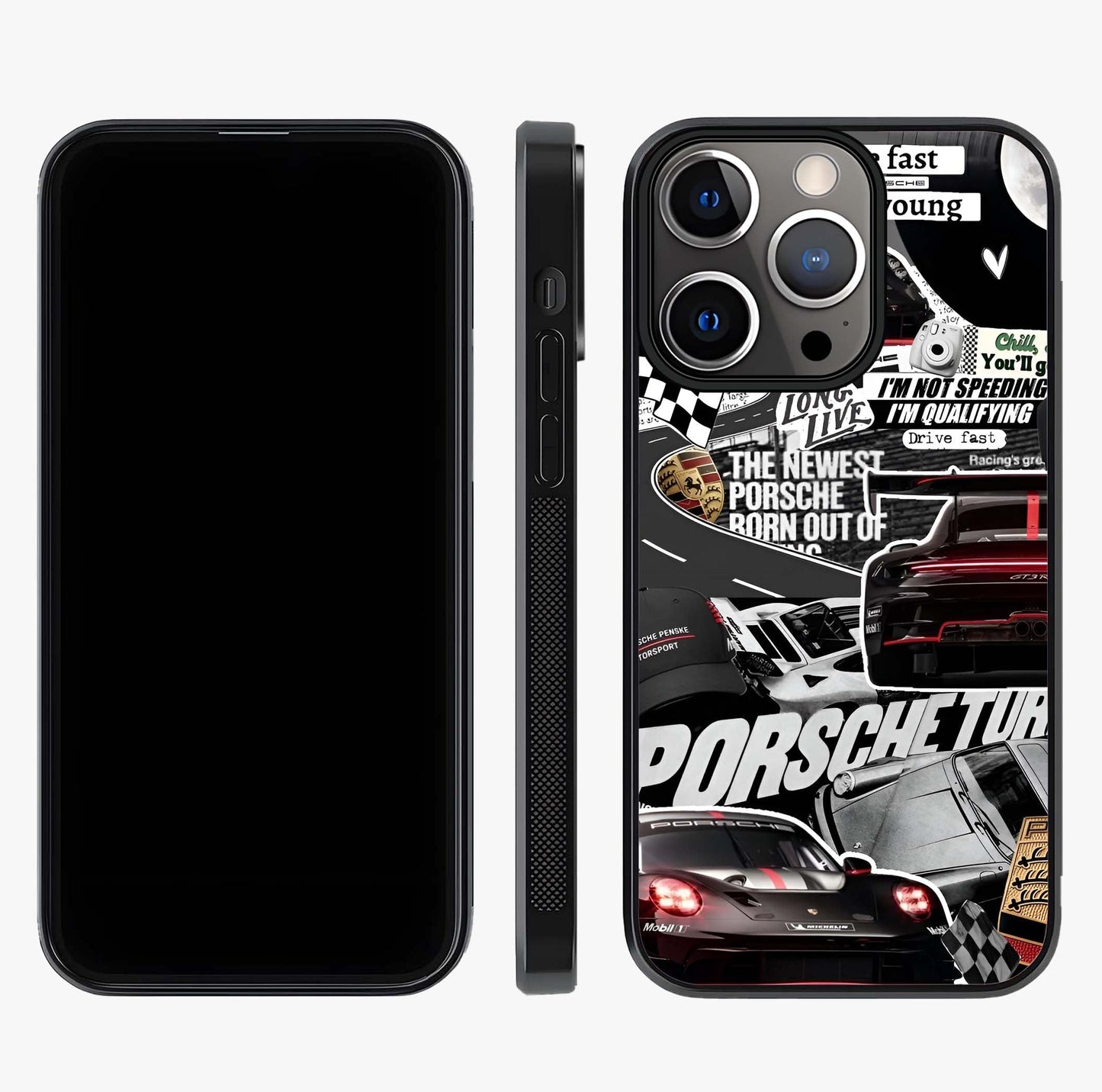 Porsche Racing Collage Glass Case displayed upright for full design visibility and premium finish.
