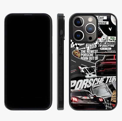 Porsche Racing Collage Glass Case displayed upright for full design visibility and premium finish.