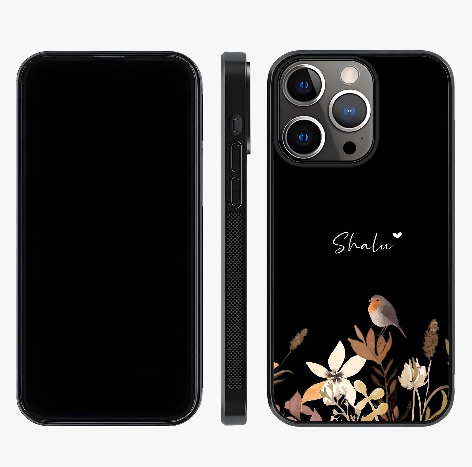 Quiet Garden Tune Custom Name Glass Case displayed upright for full design visibility and premium finish.