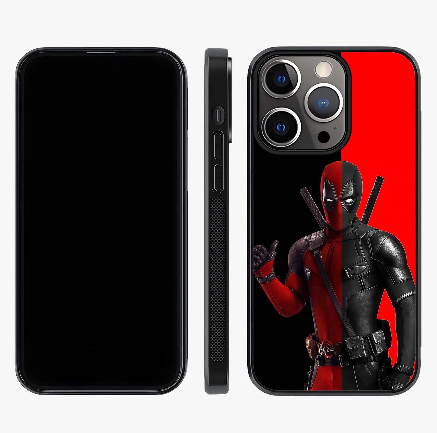 Red & Black Deadpool Theme Glass Case displayed upright for full design visibility and premium finish.