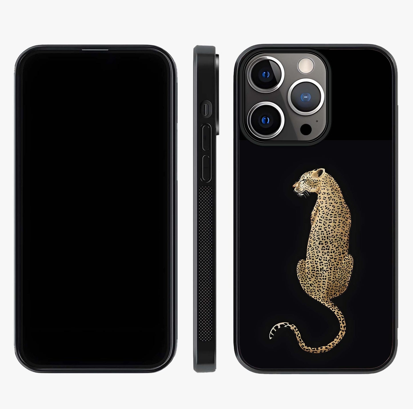 Regal Leopard Glass Case displayed upright for full design visibility and premium finish.