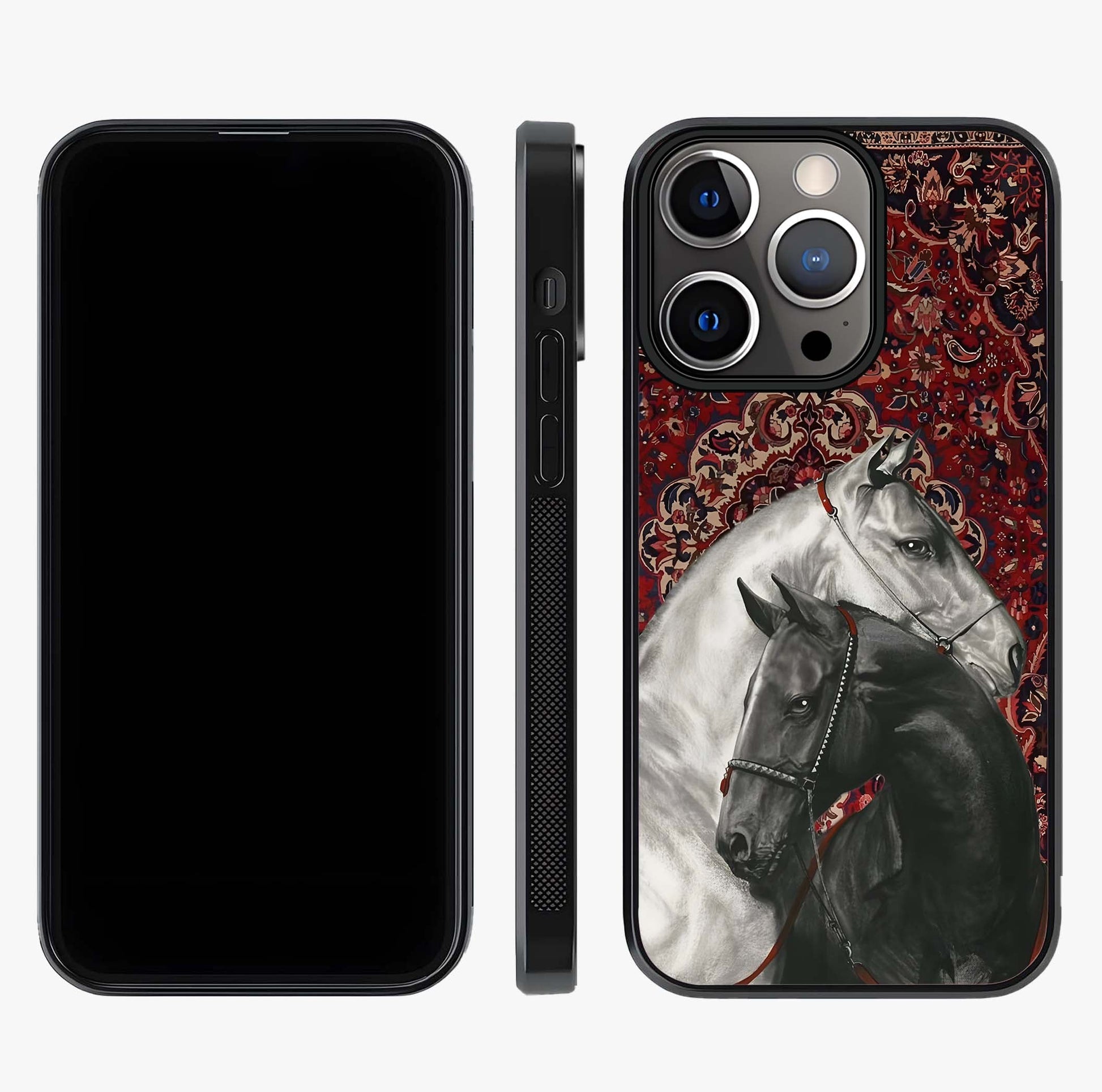 Regal Stallion Tapestry Glass Case displayed upright for full design visibility and premium finish.