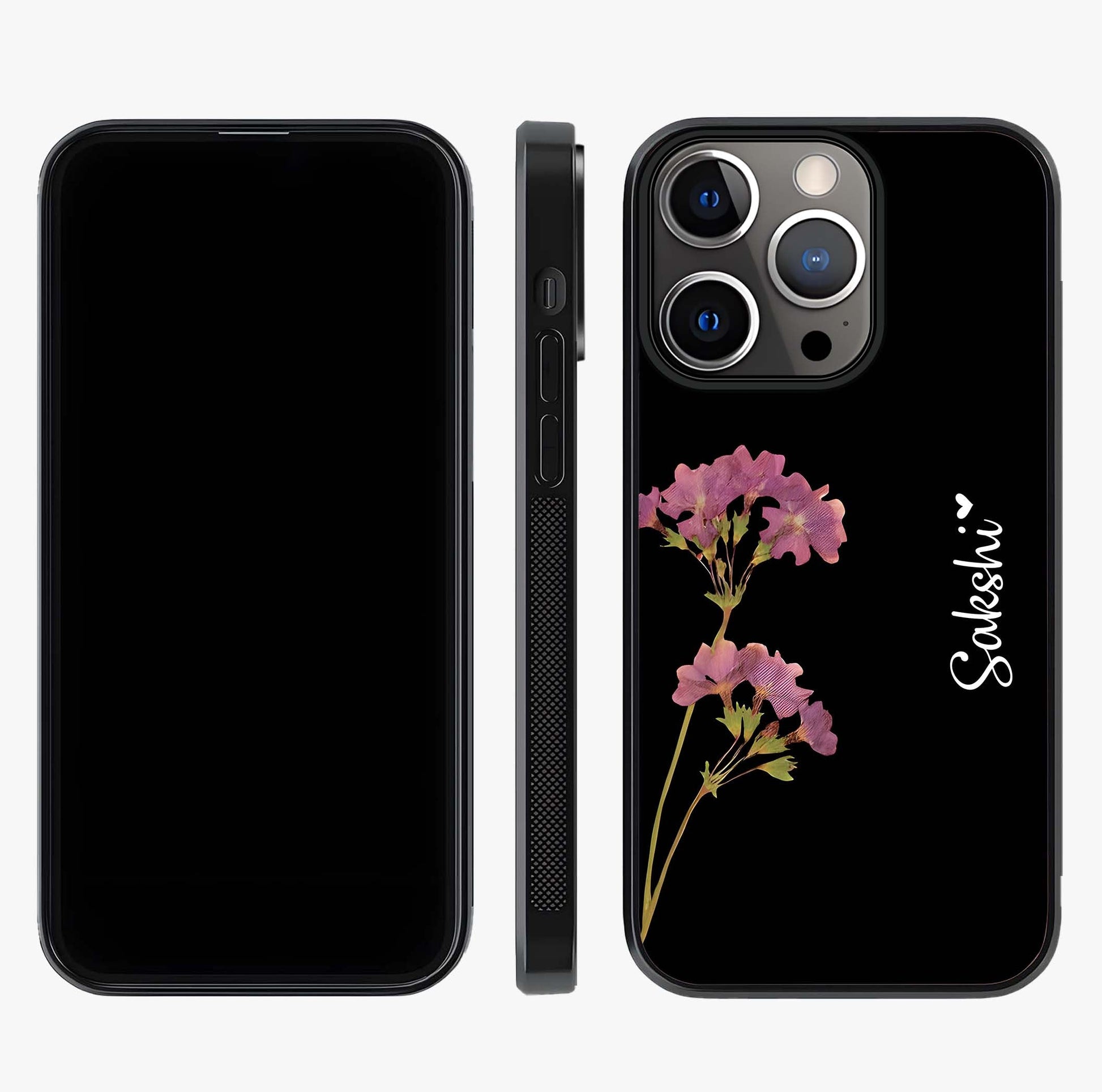 Riching Lavender Flower Custom Name Glass Case displayed upright for full design visibility and premium finish.