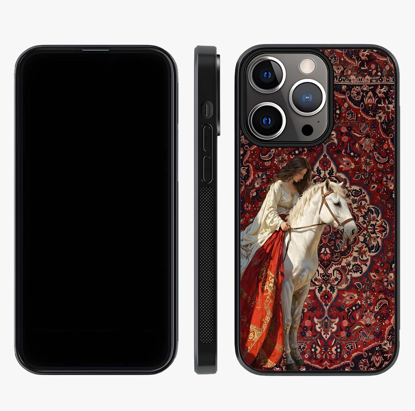 Royal Rider Tapestry Glass Case displayed upright for full design visibility and premium finish.