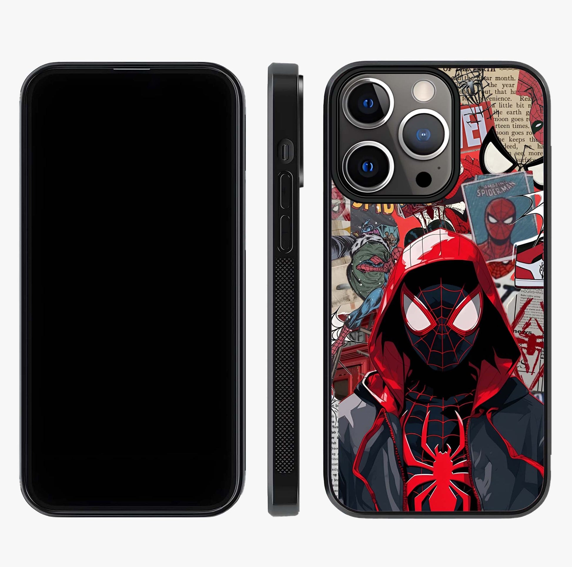 Spider Collage Street Glass Case displayed upright for full design visibility and premium finish.