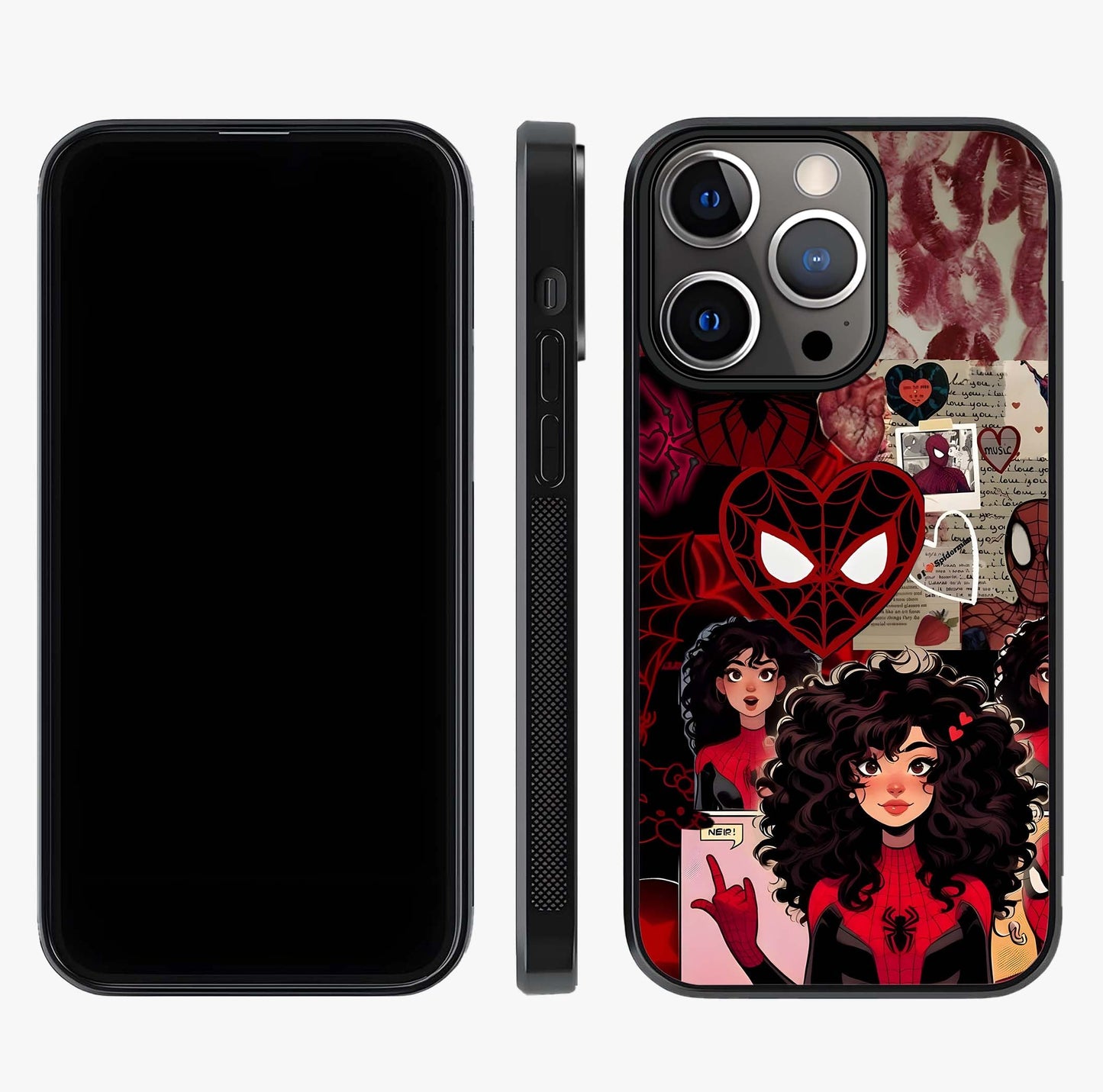 Spider Love Story Glass Case displayed upright for full design visibility and premium finish.