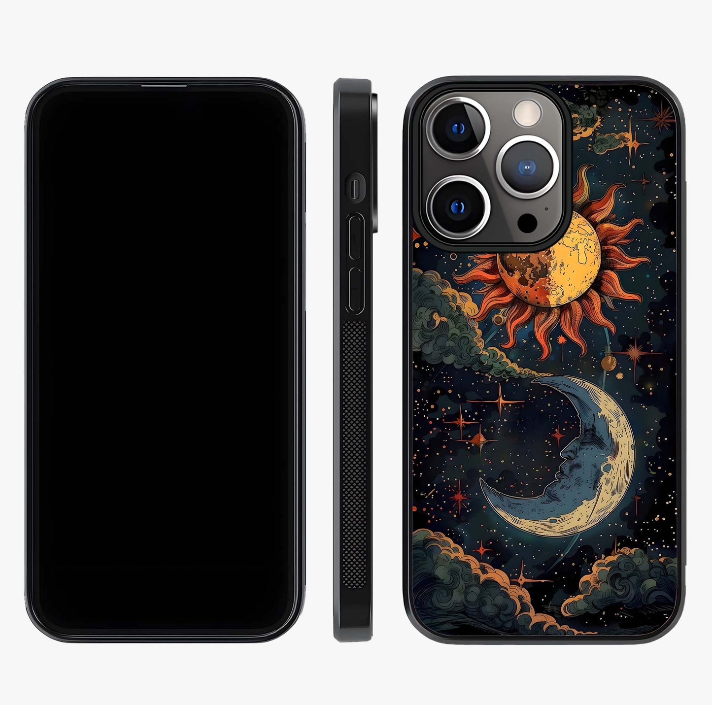 Sun And Moon Magic Design Glass Case displayed upright for full design visibility and premium finish.