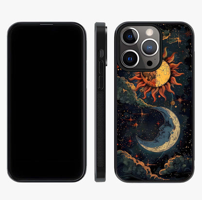 Sun And Moon Magic Design Glass Case displayed upright for full design visibility and premium finish.