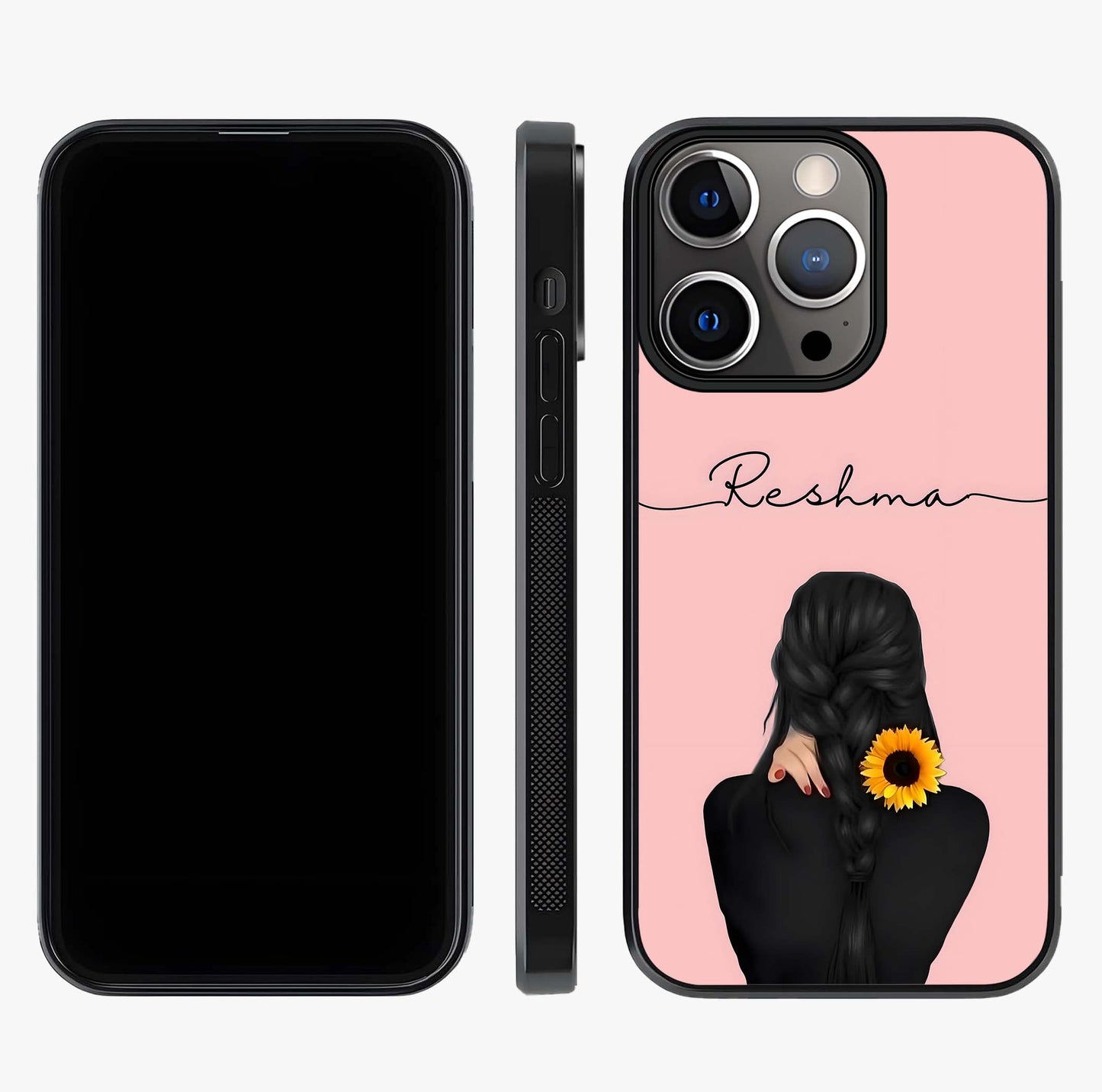 Sunflower Braid Beauty With Custom Name Glass Case displayed upright for full design visibility and premium finish.