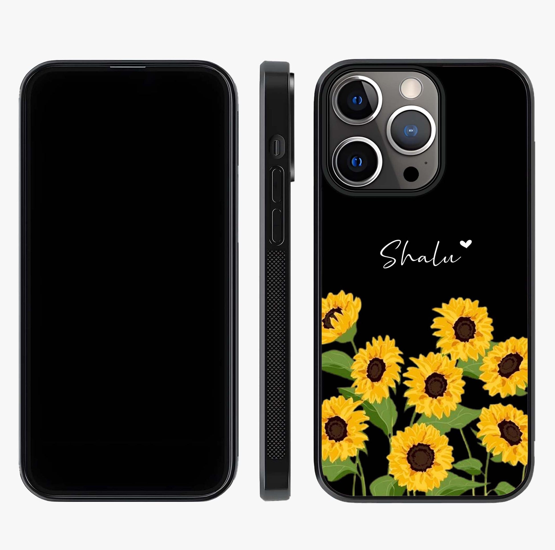 Sunflower Chic Mood Custom Name Glass Case displayed upright for full design visibility and premium finish.