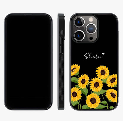 Sunflower Chic Mood Custom Name Glass Case displayed upright for full design visibility and premium finish.