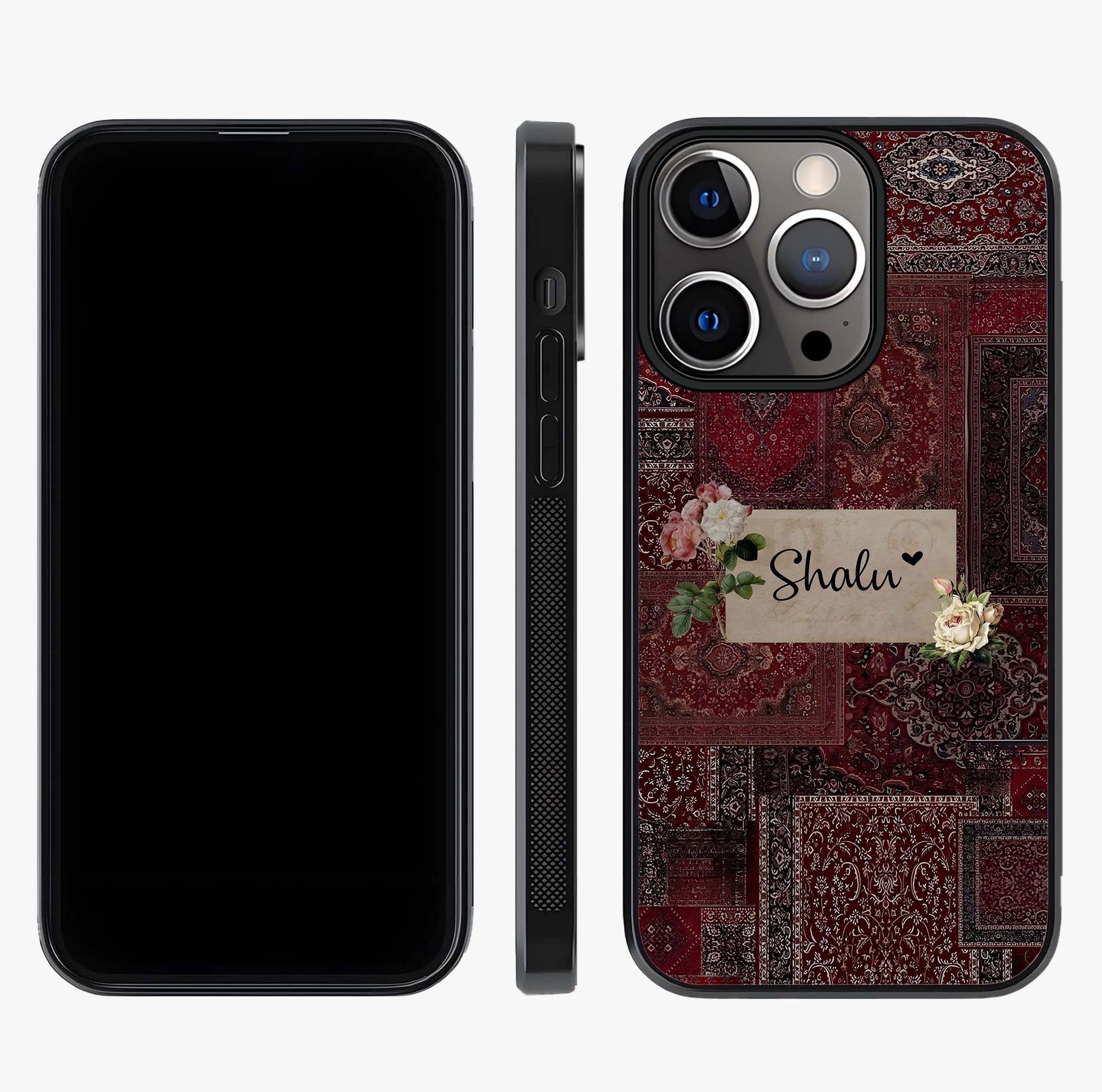Velvet Wine Pattern Custom Name Glass Case displayed upright for full design visibility and premium finish.