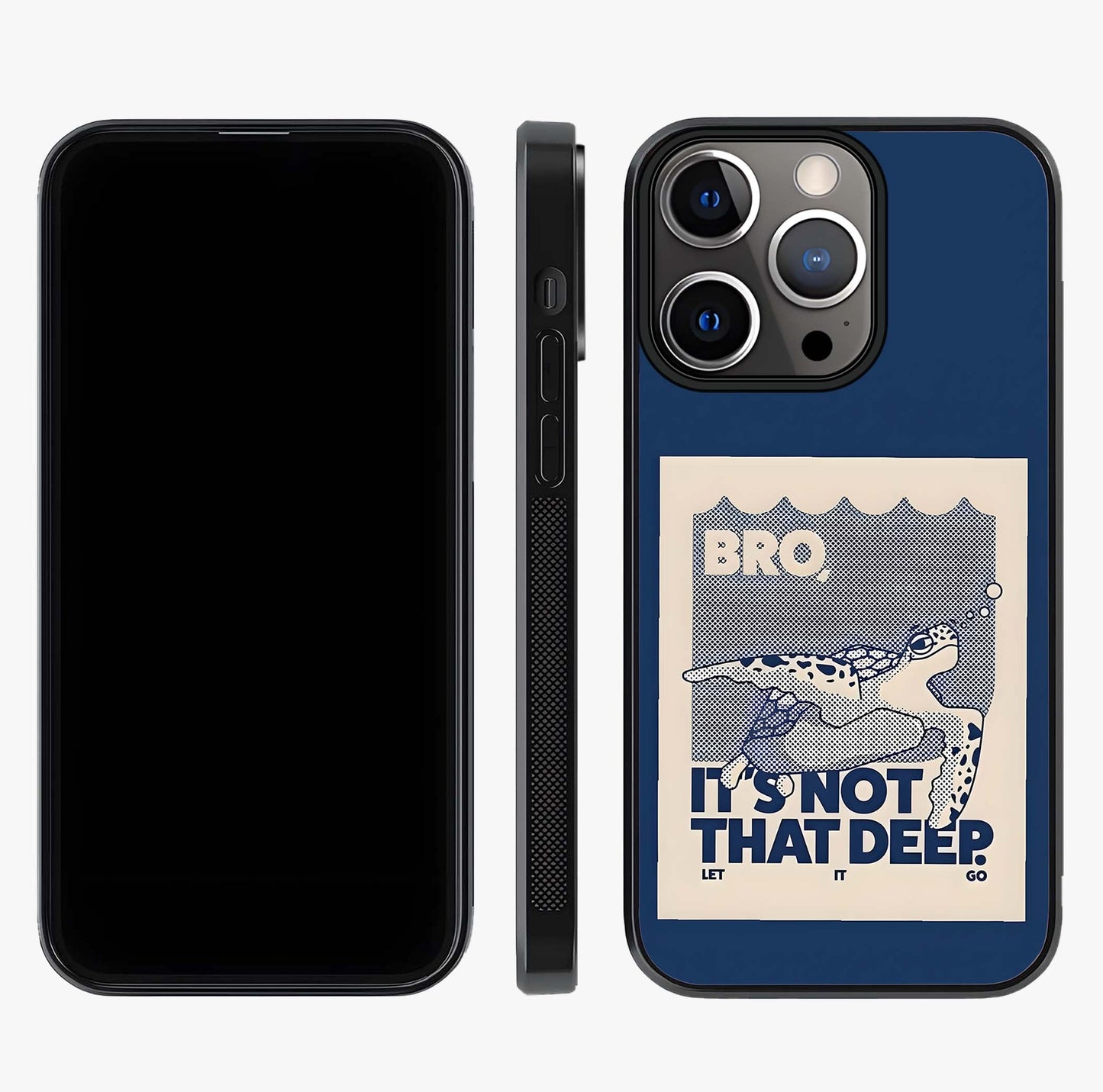 Worry Less Swim Glass Case displayed upright for full design visibility and premium finish.
