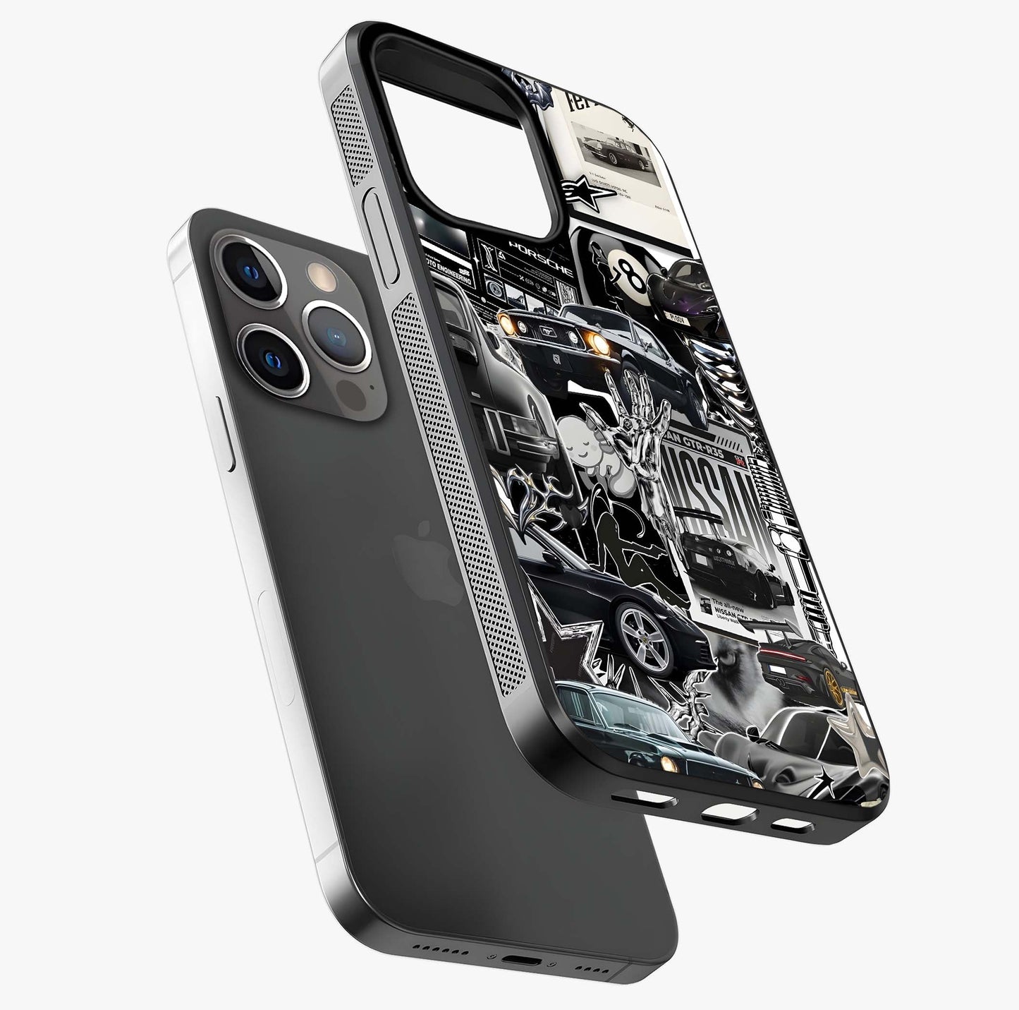Aesthetic Dark Love Glass Case laid diagonally highlighting side profile, edges and glossy glass shine.