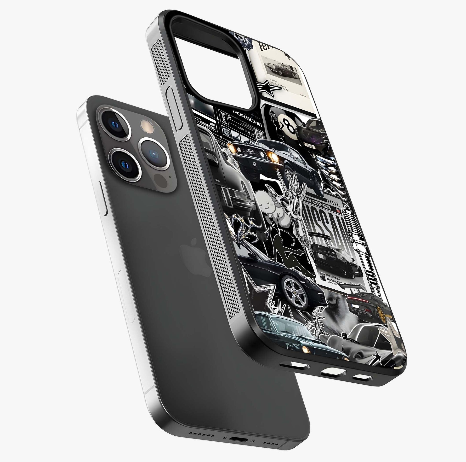 Aesthetic Dark Love Glass Case laid diagonally highlighting side profile, edges and glossy glass shine.