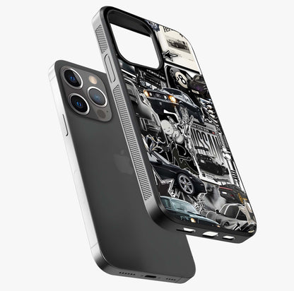 Aesthetic Dark Love Glass Case laid diagonally highlighting side profile, edges and glossy glass shine.