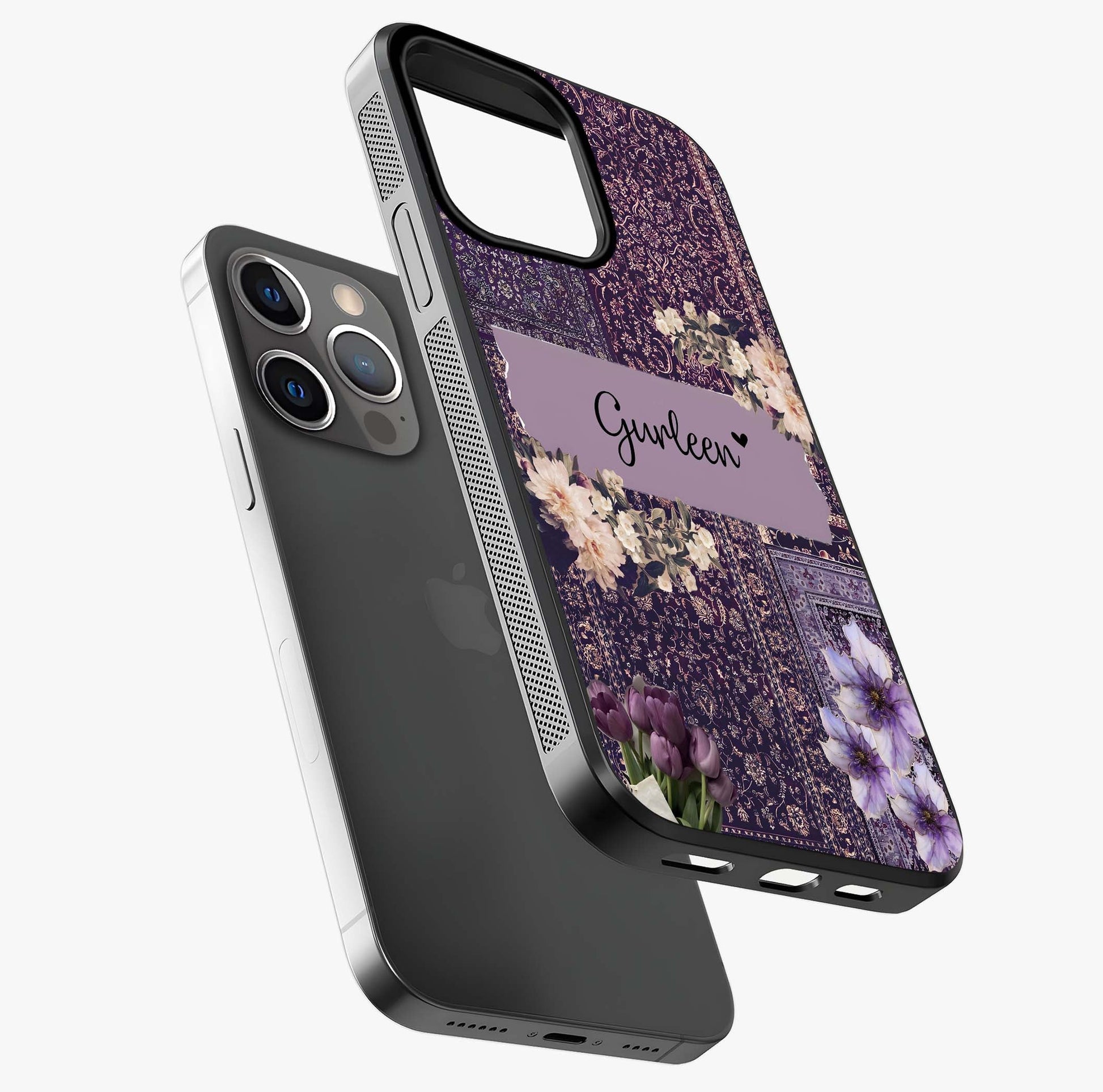 Antique Floral Whisper Custom Name Glass Case laid diagonally highlighting side profile, edges and glossy glass shine.