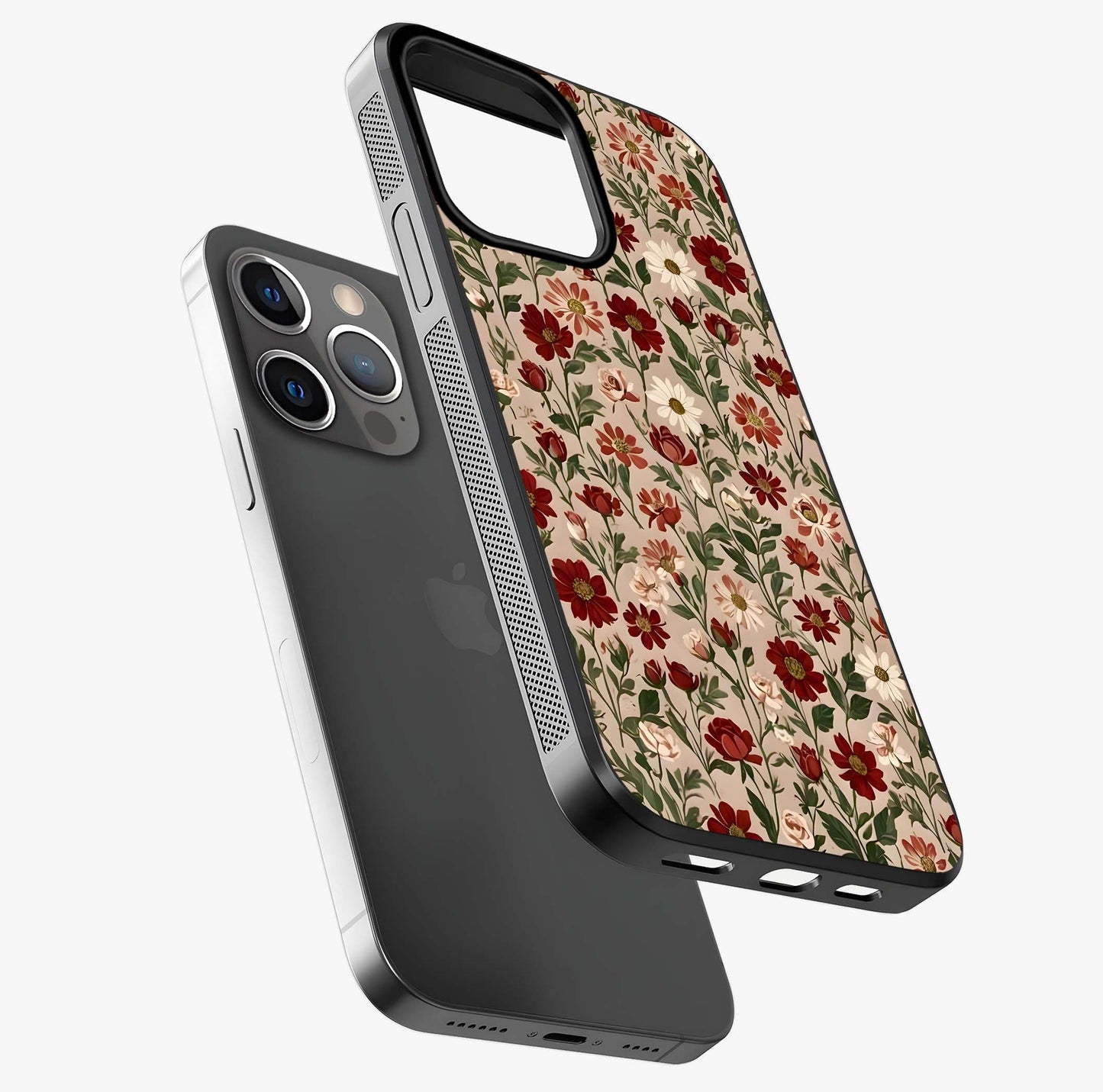 Biege Flower With Leaf Glass Case laid diagonally highlighting side profile, edges and glossy glass shine.