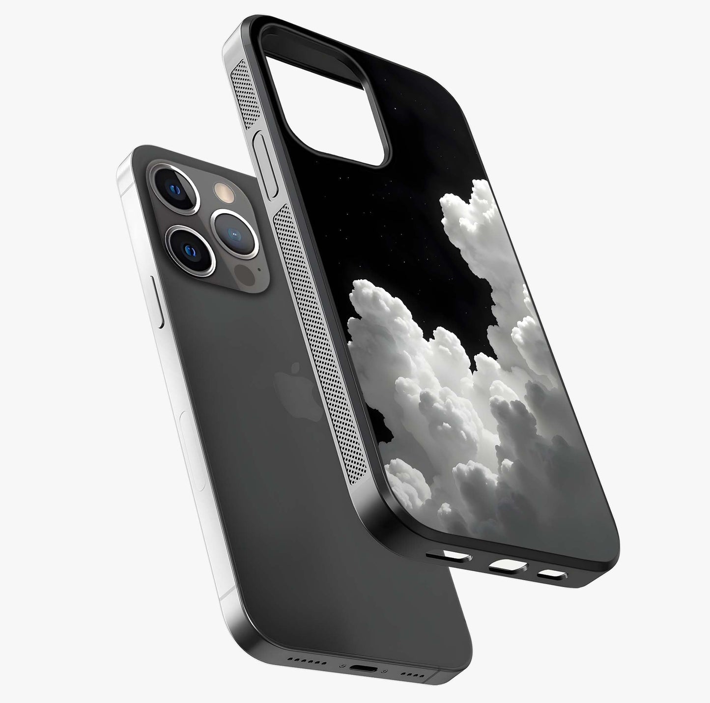 Black Background With White Cloud Glass Case laid diagonally highlighting side profile, edges and glossy glass shine.