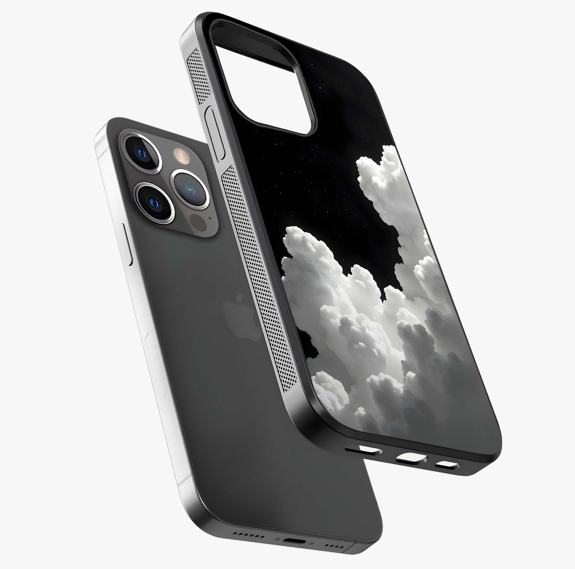 Black Background With White Cloud Glass Case laid diagonally highlighting side profile, edges and glossy glass shine.