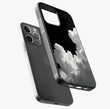 Black Background With White Cloud Glass Case laid diagonally highlighting side profile, edges and glossy glass shine.