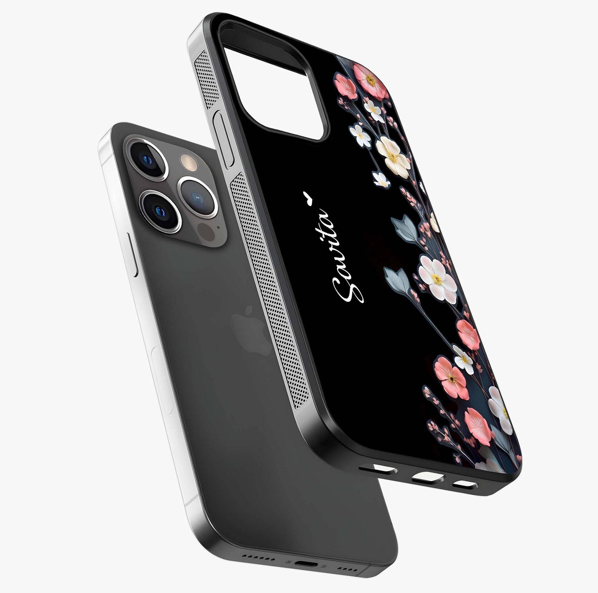 Black Elegance Floral Custom Name Glass Case laid diagonally highlighting side profile, edges and glossy glass shine.