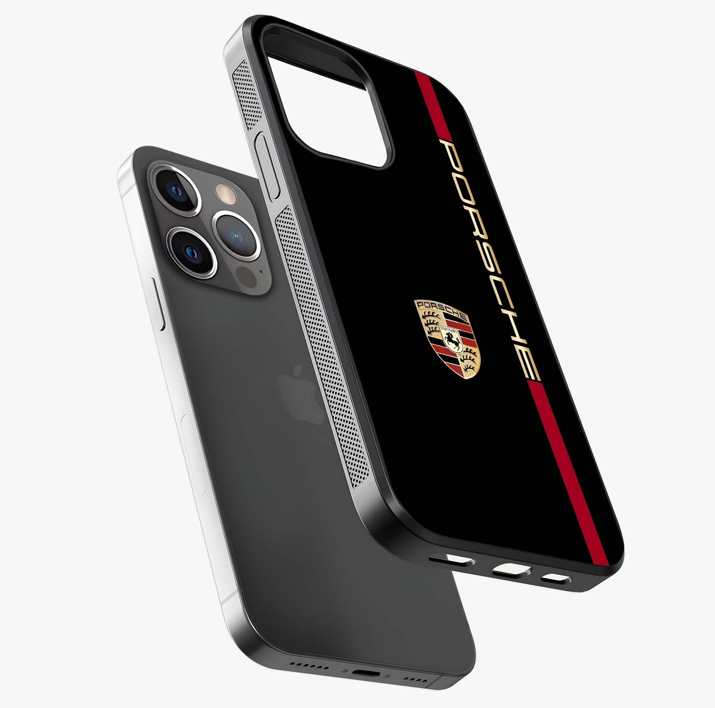 Black Minimal Porsche Glass Case laid diagonally highlighting side profile, edges and glossy glass shine.