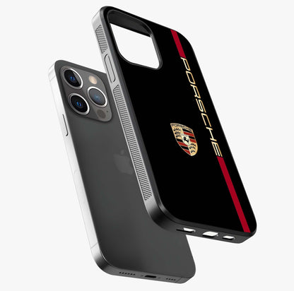 Black Minimal Porsche Glass Case laid diagonally highlighting side profile, edges and glossy glass shine.
