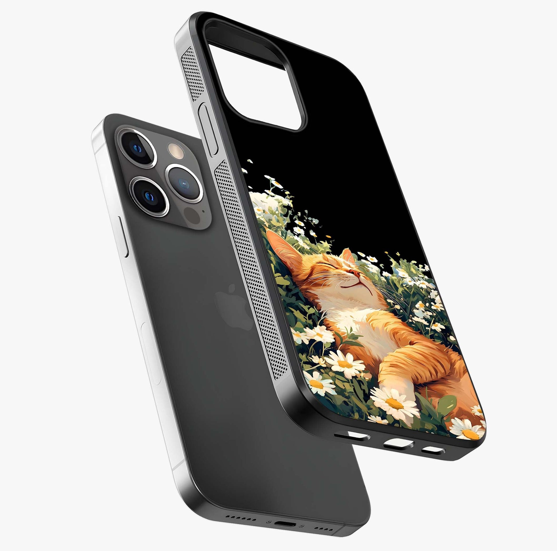 Blissful Bloom Cat Glass Case laid diagonally highlighting side profile, edges and glossy glass shine.