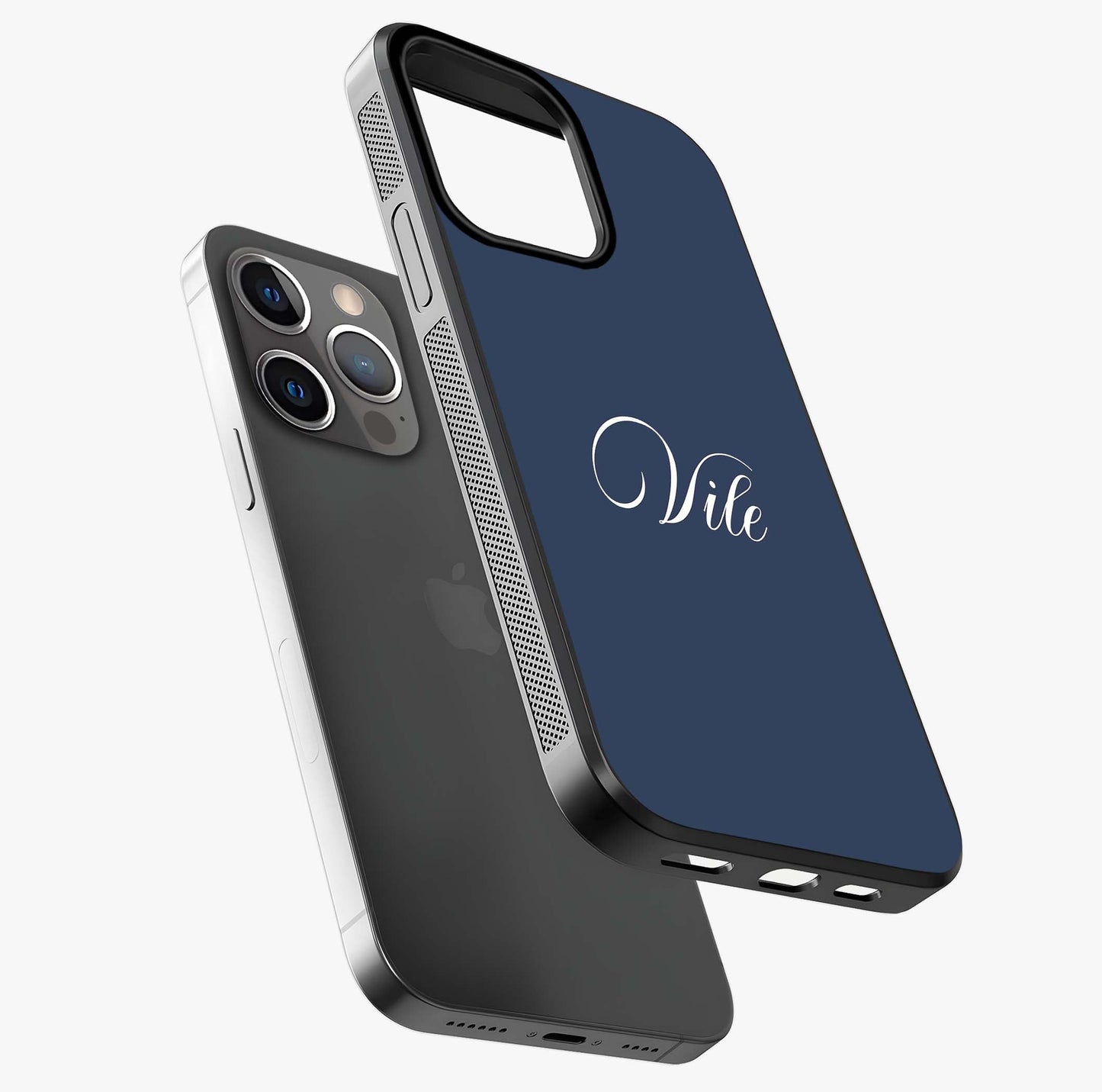 Blue Background Personalized Custom Name Glass Case laid diagonally highlighting side profile, edges and glossy glass shine.