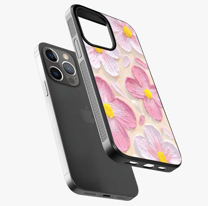 Blush Bloom Texture Glass Case laid diagonally highlighting side profile, edges and glossy glass shine.