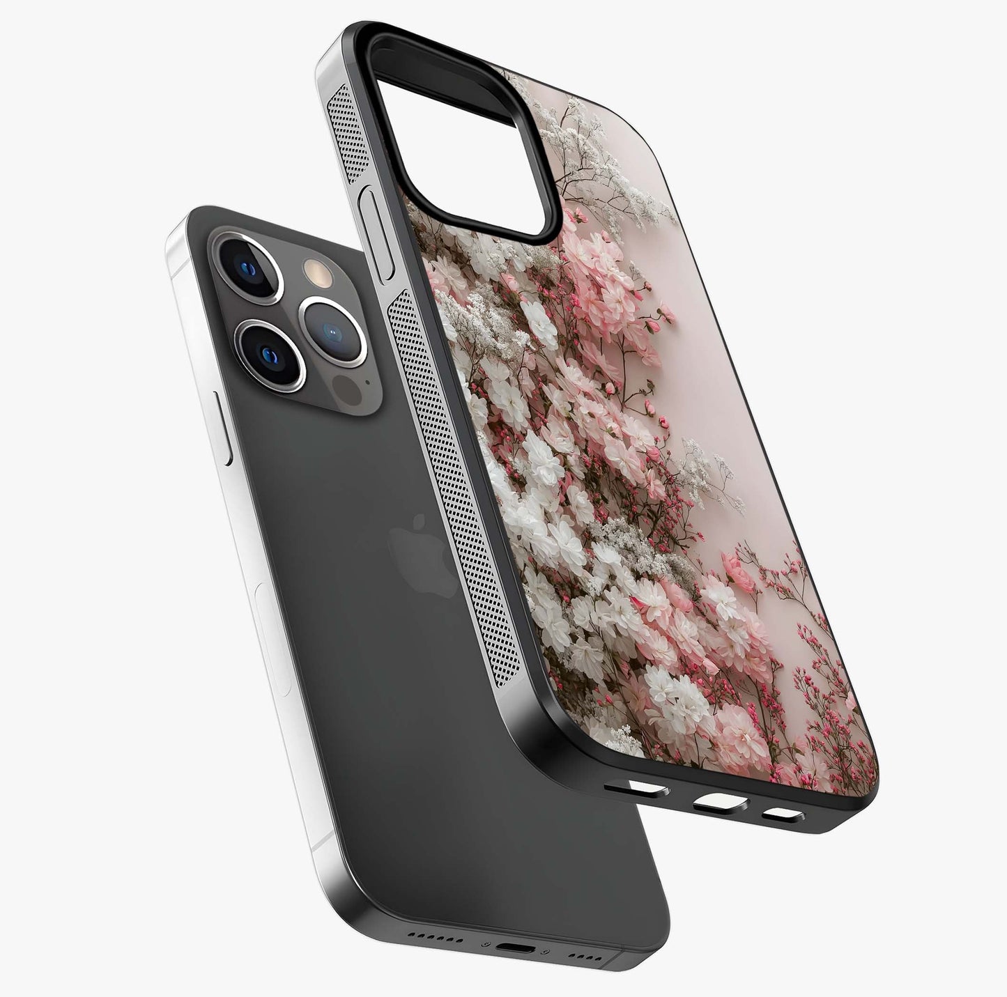 Blush Blossom Cloud Glass Case laid diagonally highlighting side profile, edges and glossy glass shine.