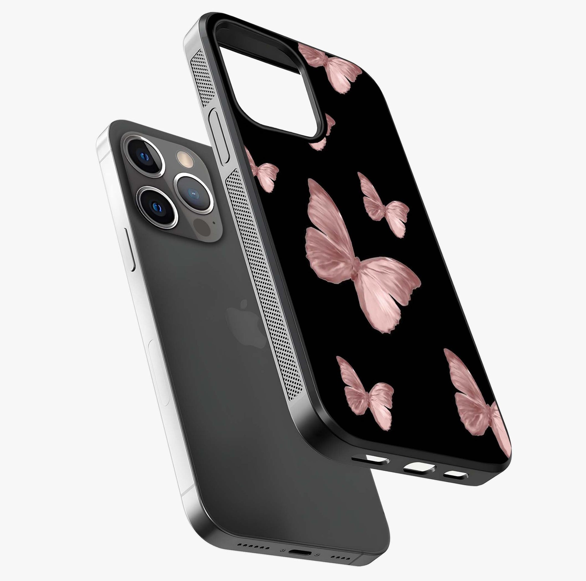 Butterfly Pattern Glass Case laid diagonally highlighting side profile, edges and glossy glass shine.