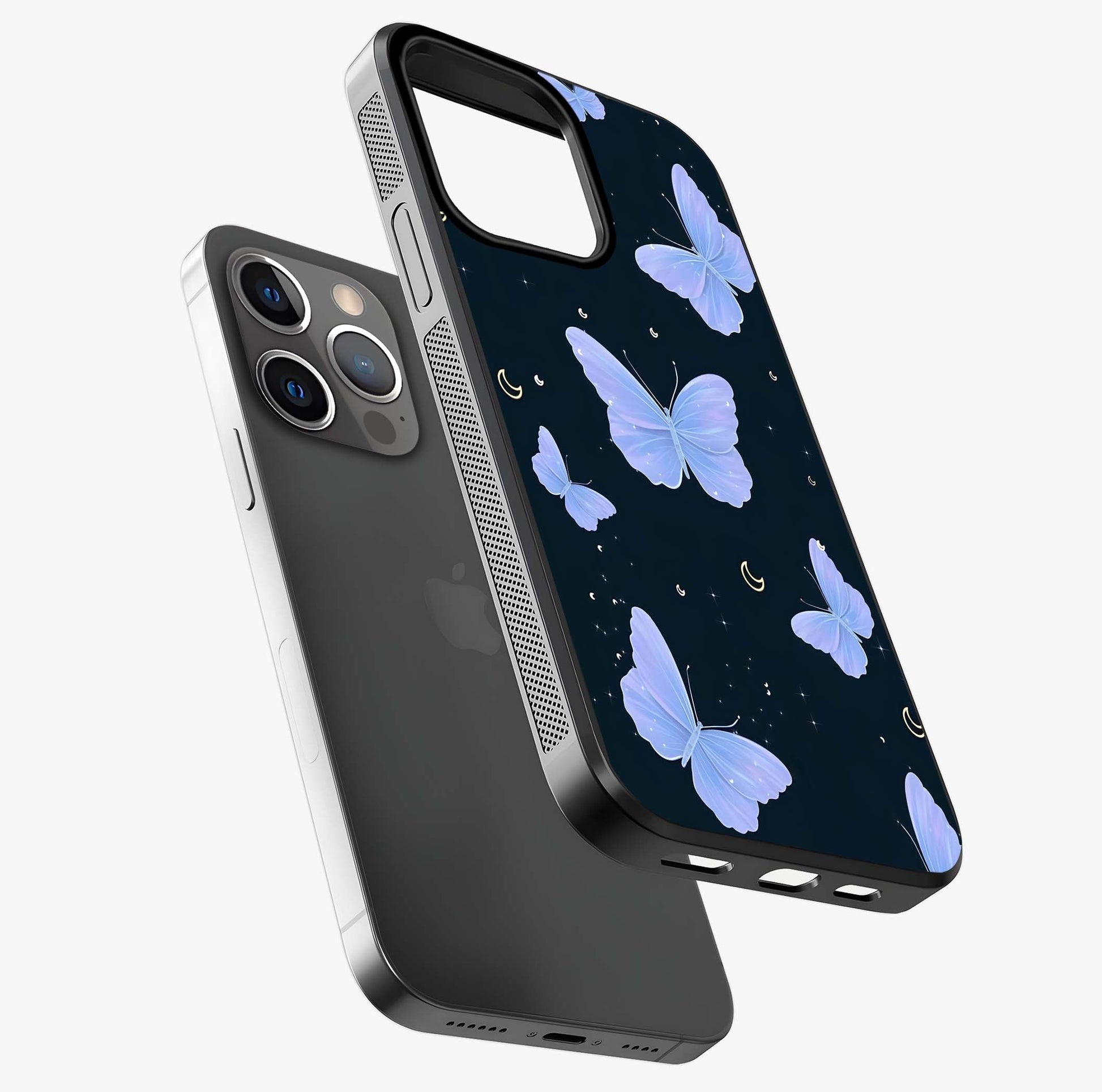 Butterfly With Stars Pattern Glass Case laid diagonally highlighting side profile, edges and glossy glass shine.