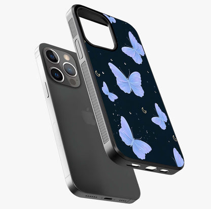 Butterfly With Stars Pattern Glass Case laid diagonally highlighting side profile, edges and glossy glass shine.