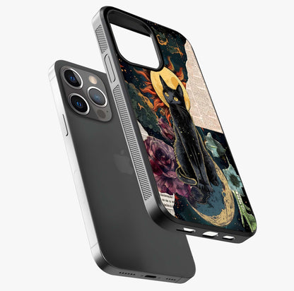 Celestial Black Cat Glass Case laid diagonally highlighting side profile, edges and glossy glass shine.