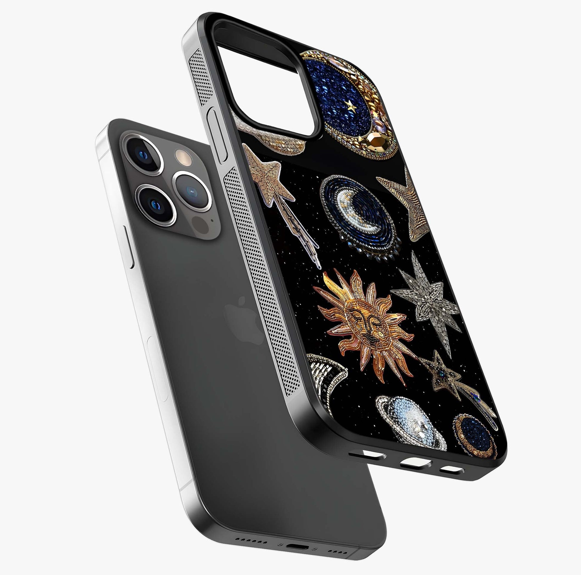 Celestial Gem Constellations Glass Case laid diagonally highlighting side profile, edges and glossy glass shine.