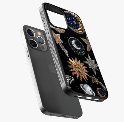 Celestial Gem Constellations Glass Case laid diagonally highlighting side profile, edges and glossy glass shine.
