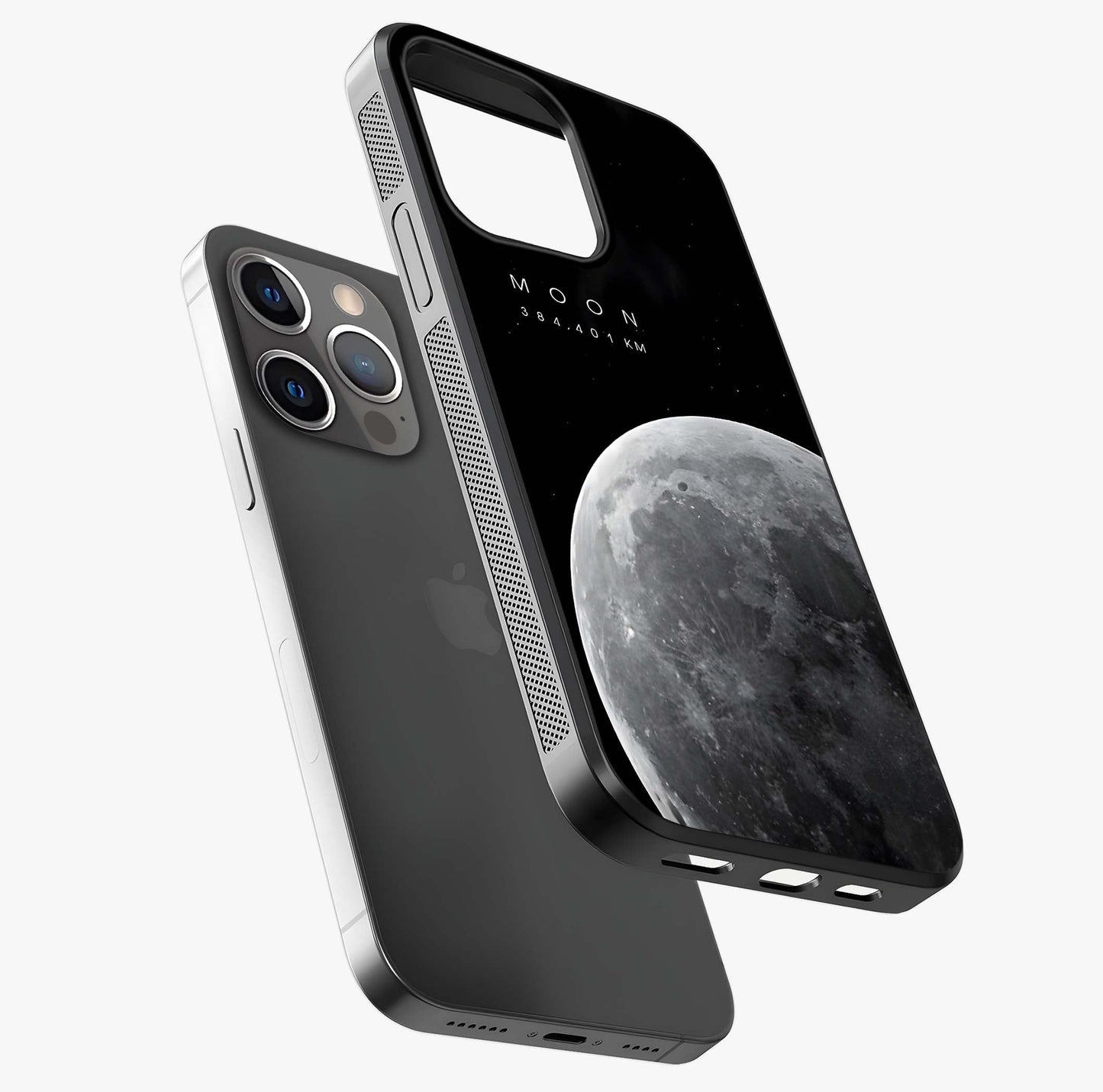 Cosmic Moon Glow Glass Case laid diagonally highlighting side profile, edges and glossy glass shine.