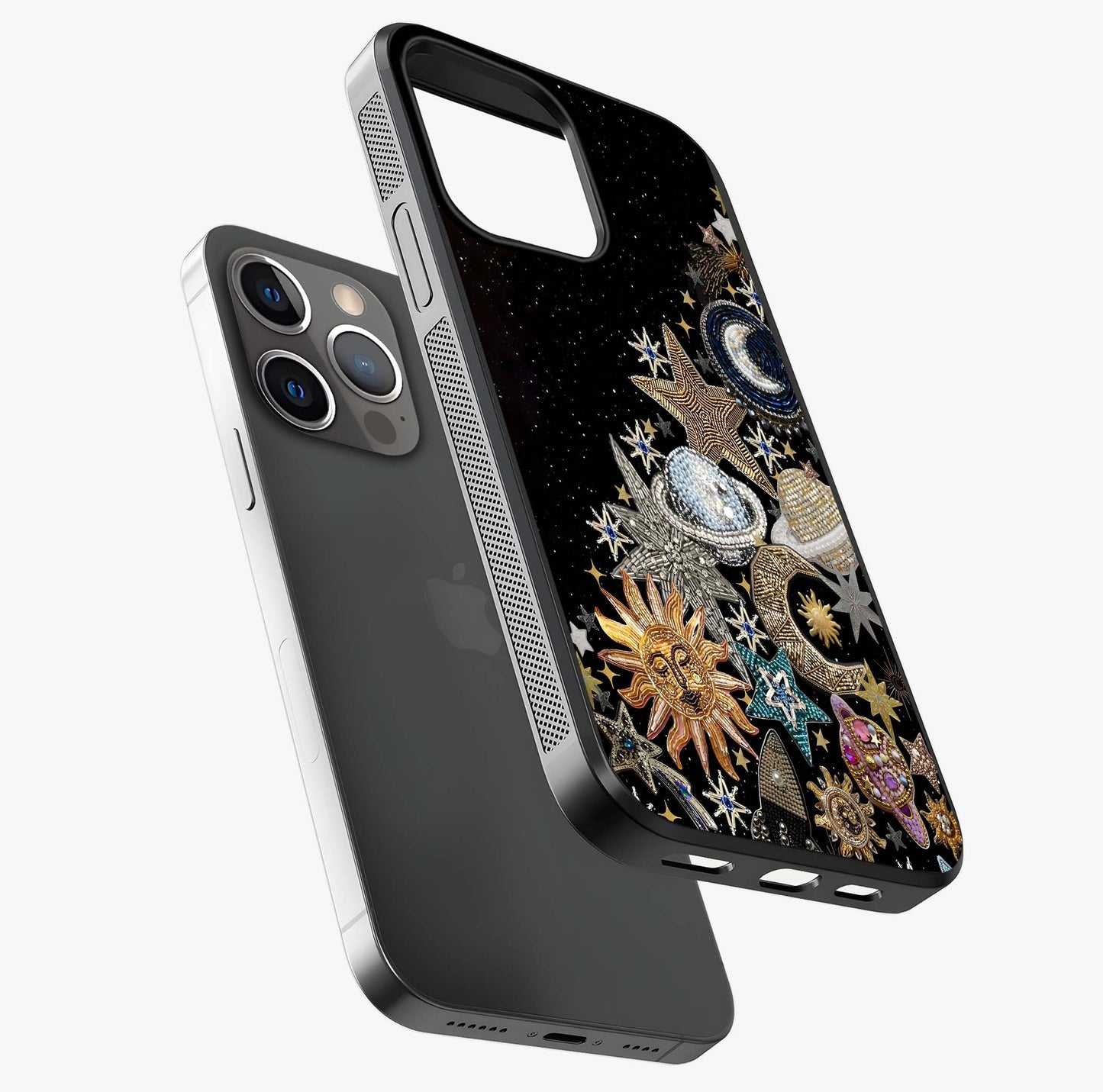 Cosmic Sparkle Dreams Glass Case laid diagonally highlighting side profile, edges and glossy glass shine.