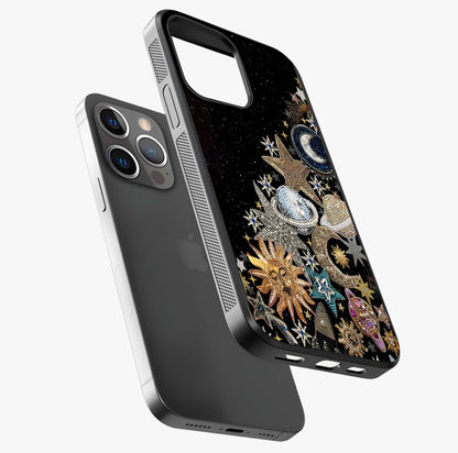Cosmic Sparkle Dreams Glass Case laid diagonally highlighting side profile, edges and glossy glass shine.