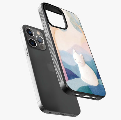 Cotton Dream Cat Glass Case laid diagonally highlighting side profile, edges and glossy glass shine.