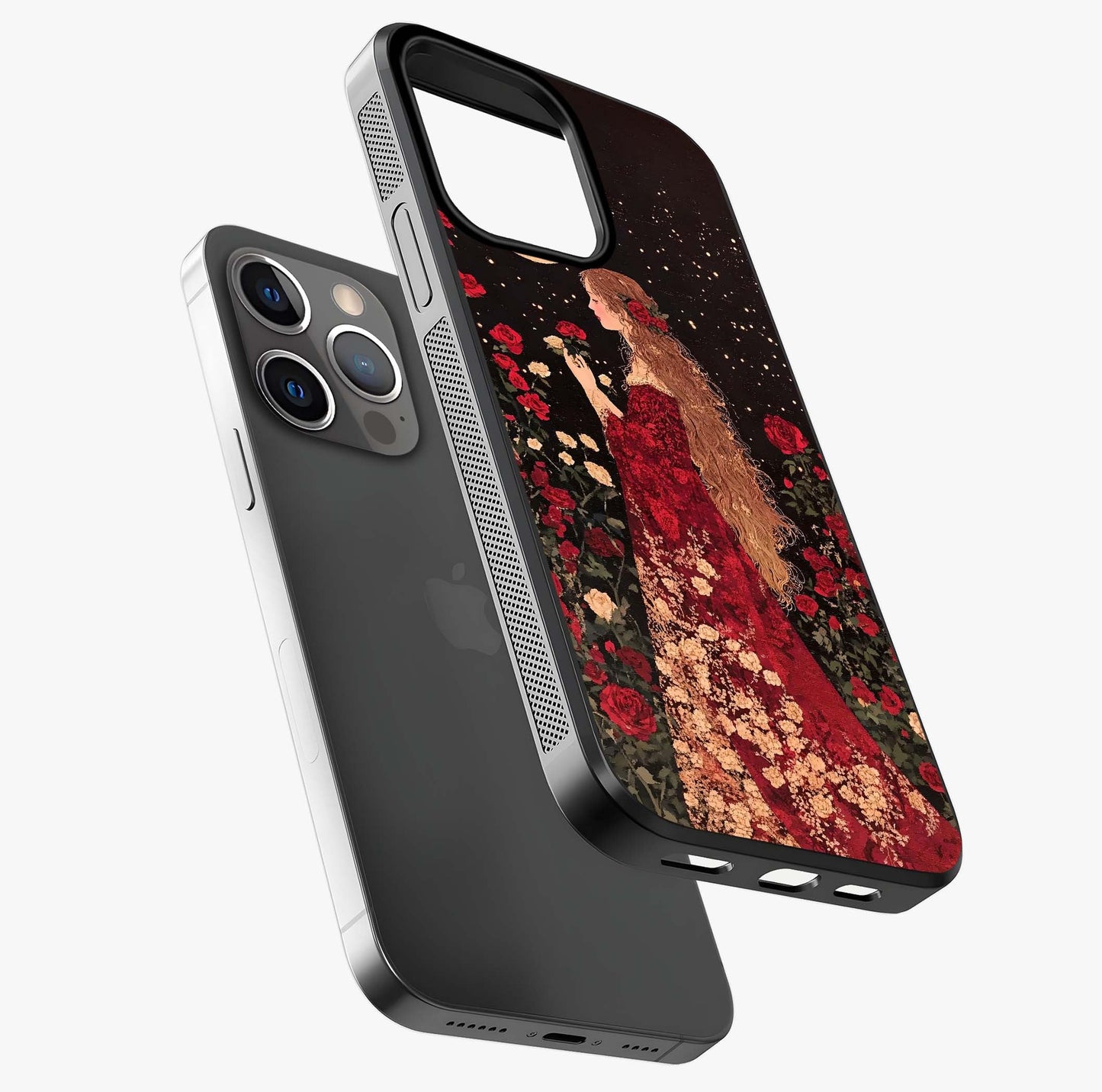 Crimson Dreams Glass Case laid diagonally highlighting side profile, edges and glossy glass shine.