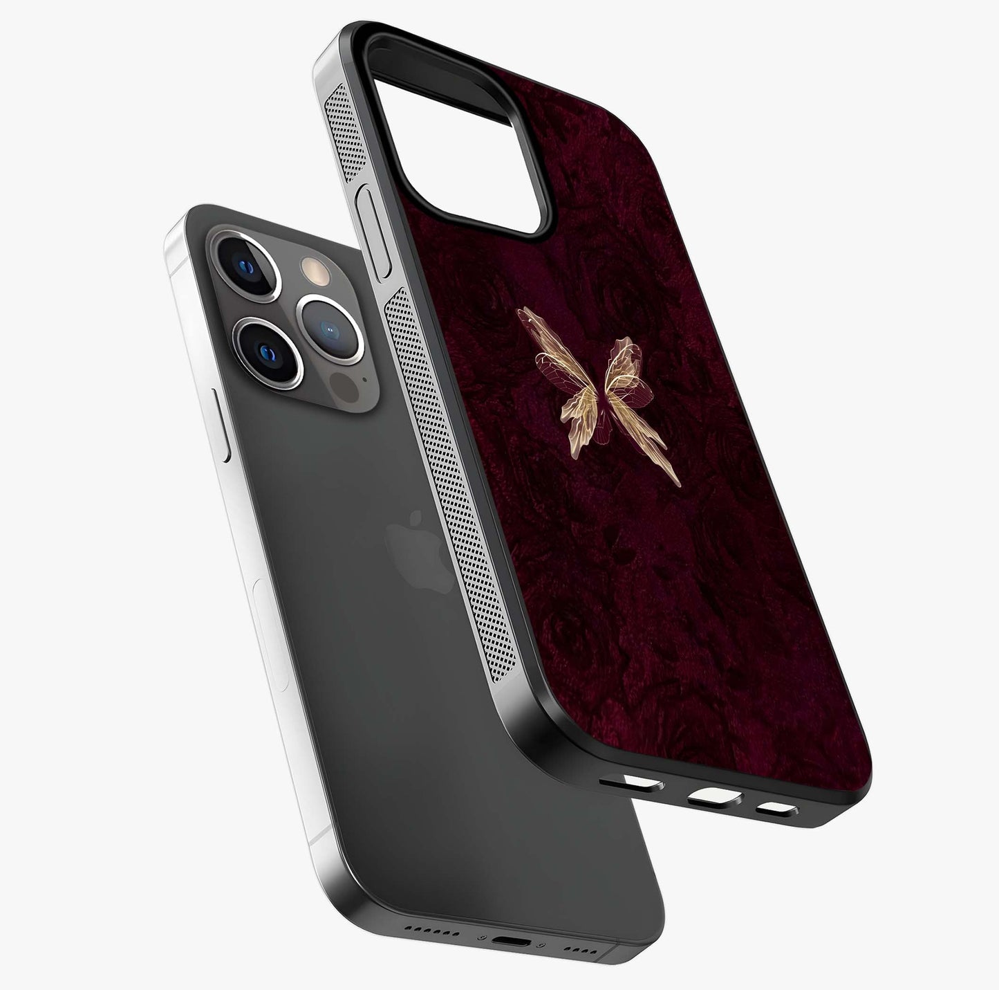 Crimson Fade Butterfly Glass Case laid diagonally highlighting side profile, edges and glossy glass shine.