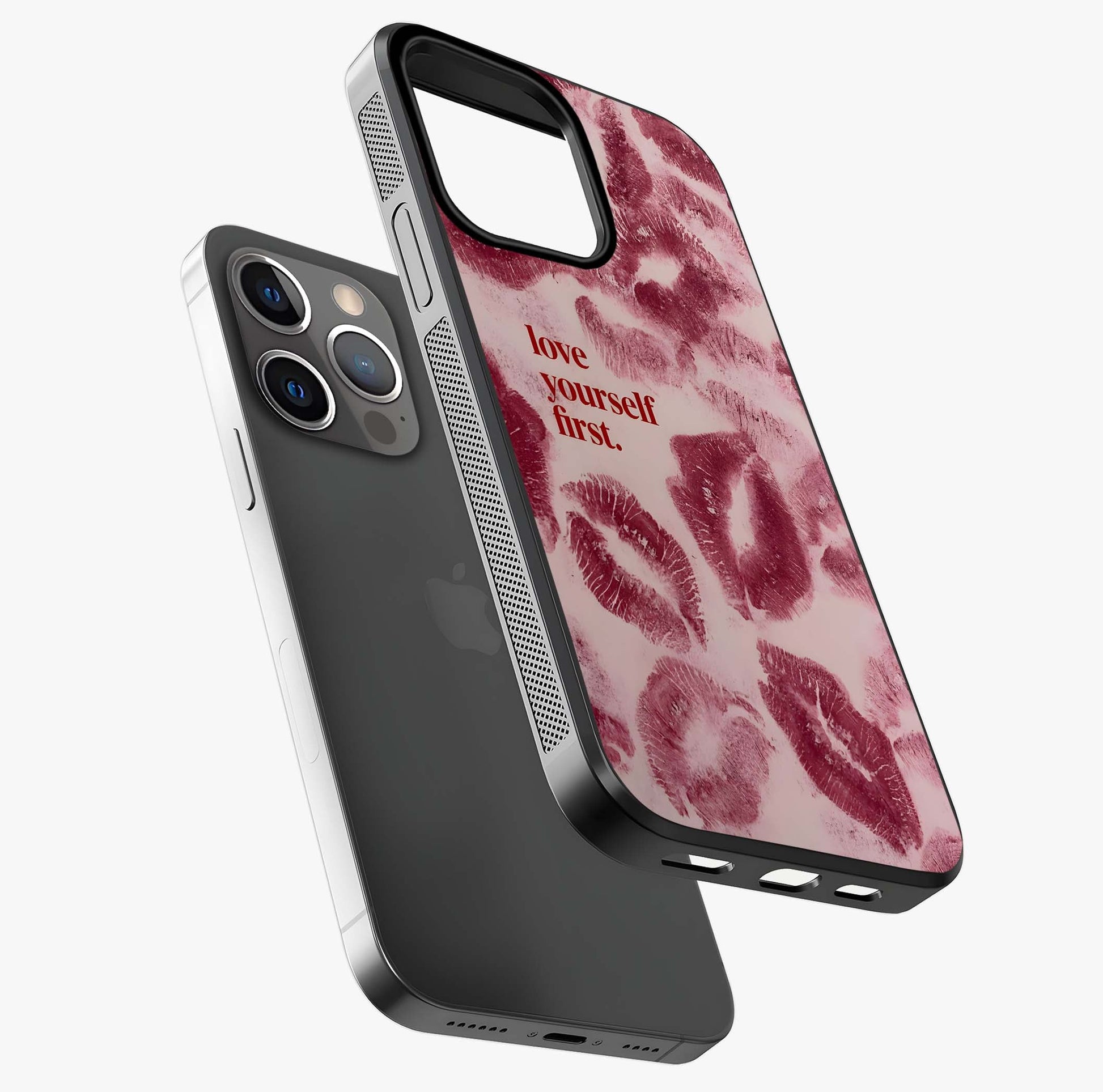 Crimson Kiss Love Glass Case laid diagonally highlighting side profile, edges and glossy glass shine.