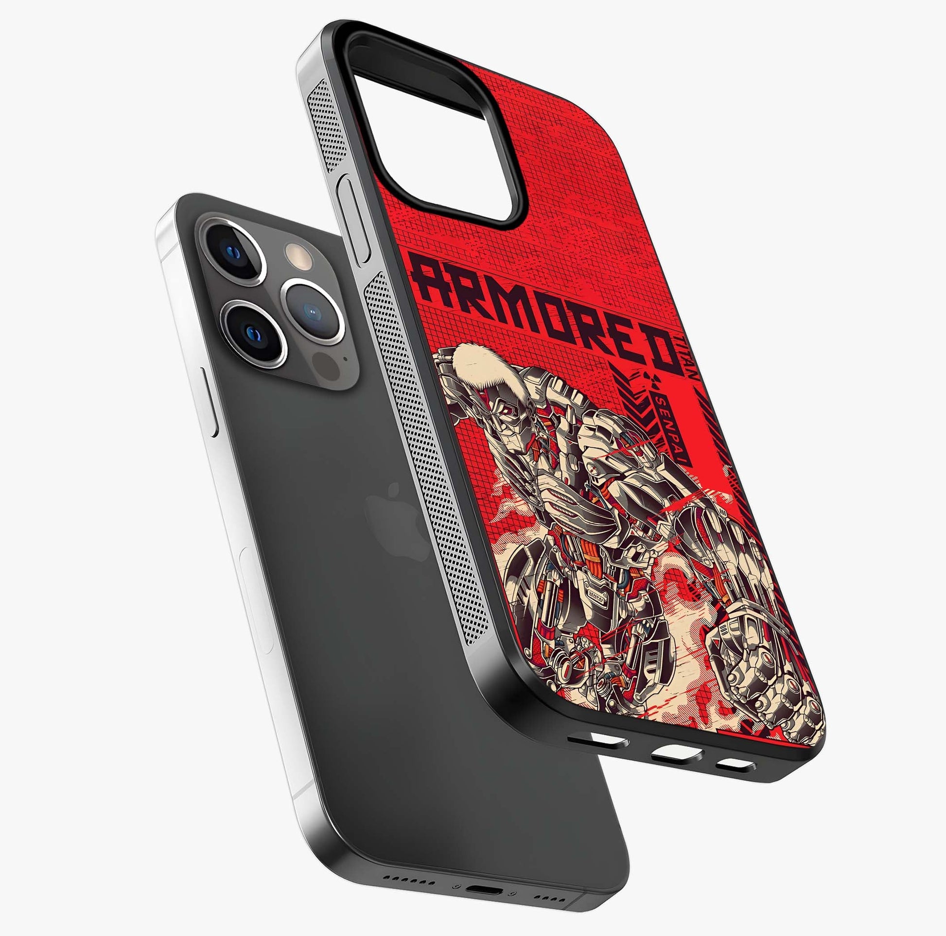 Crimson Mecha Titan Glass Case laid diagonally highlighting side profile, edges and glossy glass shine.