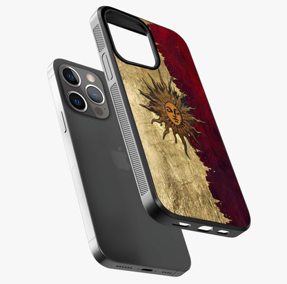 Crimson Sun Majesty Glass Case laid diagonally highlighting side profile, edges and glossy glass shine.