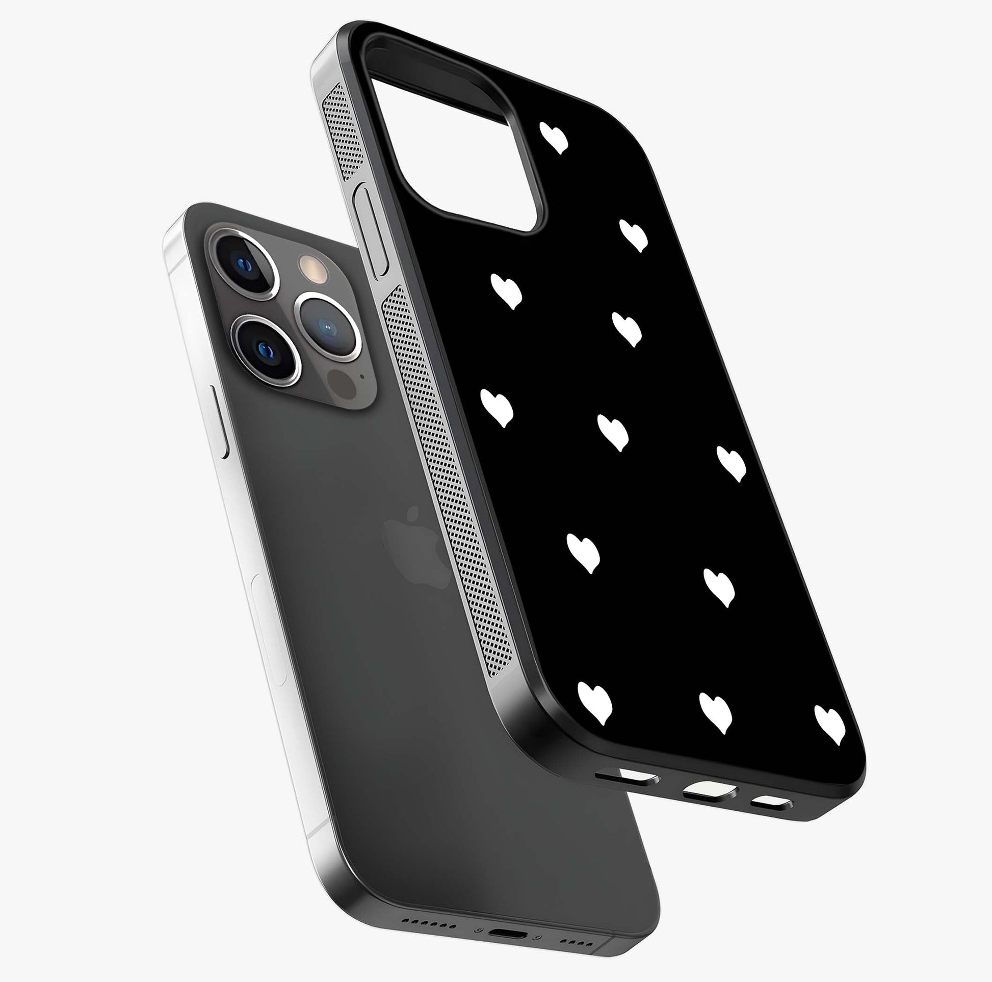 Cute And Simple White Hearts Glass Case laid diagonally highlighting side profile, edges and glossy glass shine.