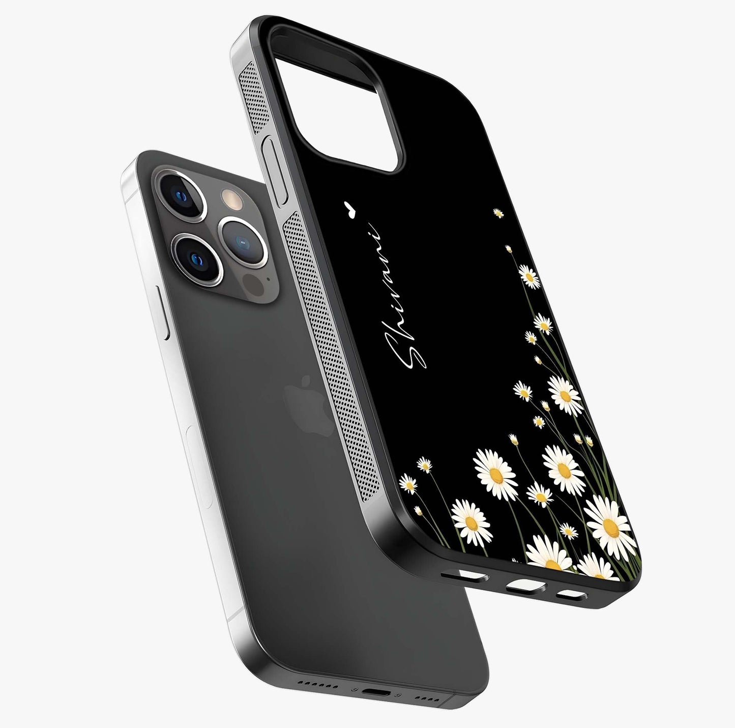 Daisy Cascade Custom Name Glass Case laid diagonally highlighting side profile, edges and glossy glass shine.
