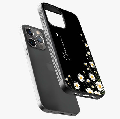 Daisy Cascade Custom Name Glass Case laid diagonally highlighting side profile, edges and glossy glass shine.